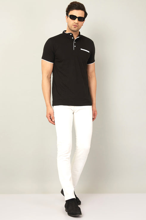 Men Black Henley Half Sleeve T-Shirt
